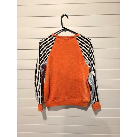 THML Orange Mixed Media Striped Ikat Long Sleeve Sweatshirt Small PTM1644-2-R - Picture 2 of 7
